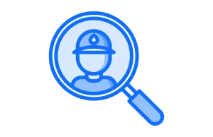 blue line-art icon of a magnifying glass encircling a plumber wearing a cap with a water droplet logo, representing a search for professional plumbing services