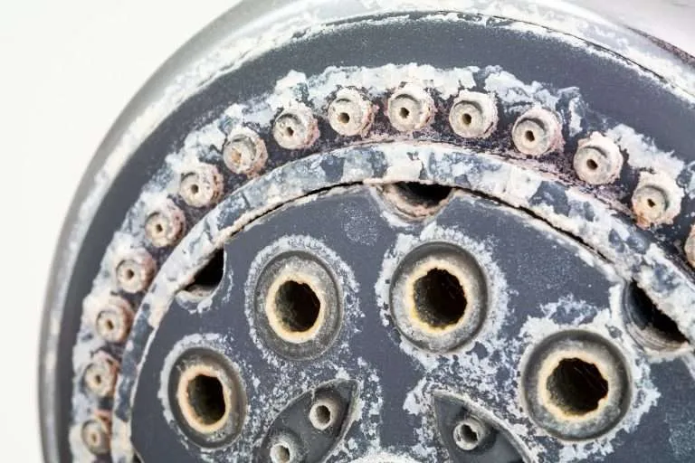 Close-up of a black shower head covered in heavy white calcium and limescale mineral deposits around the spray nozzles