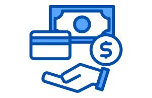 blue line-art icon featuring a hand holding a dollar coin, a credit card, and a paper bill, representing various payment and financing options for plumbing services