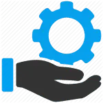 blue gear icon floating above an open black hand, symbolizing professional maintenance, technical support, and reliable plumbing services