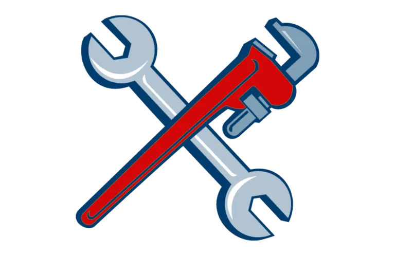 graphic illustration of a silver open-ended wrench and a red pipe wrench crossed in an X shape, representing professional plumbing and repair services