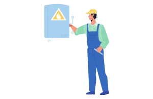 2D illustration of a professional plumber in blue overalls and a yellow hard hat inspecting a wall-mounted tankless water heater with a yellow flame warning symbol
