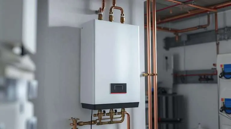 white wall-mounted combi boiler installed in a utility room with visible copper piping and connections