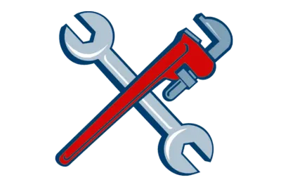 graphic illustration of a silver open-ended wrench and a red pipe wrench crossed in an X shape, representing professional plumbing and repair services