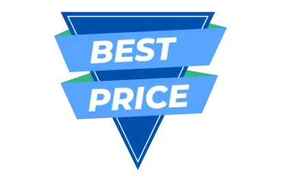 blue triangular badge with two light blue banners across it featuring the white text "BEST PRICE" on a transparent background