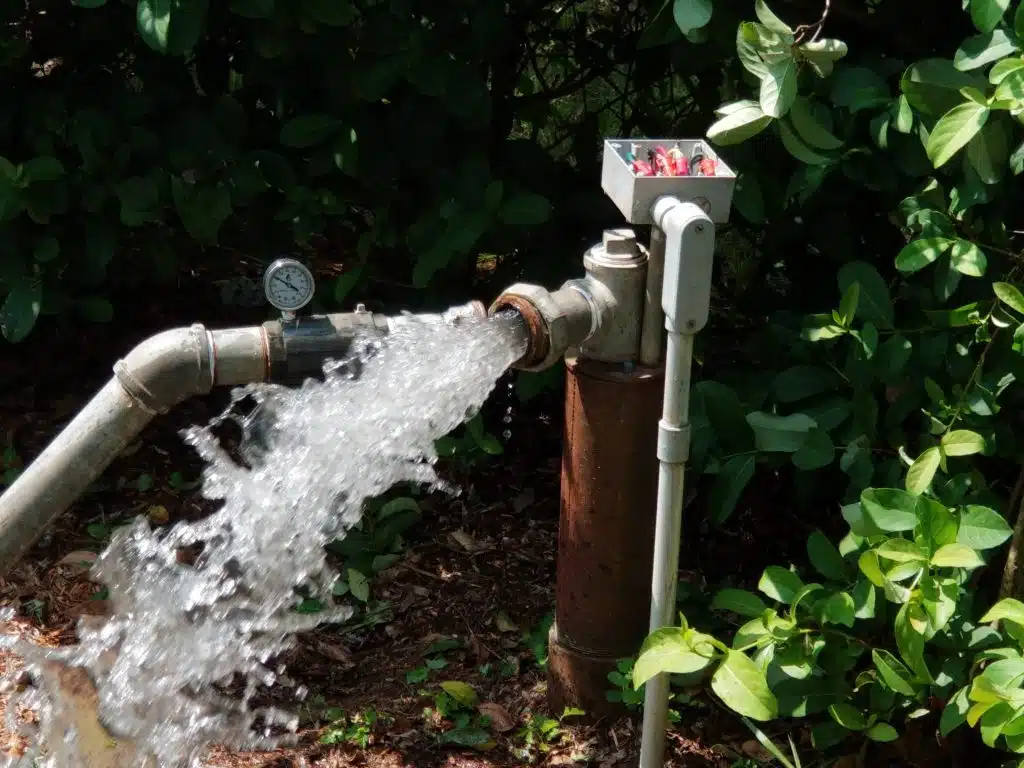high-volume stream of water spraying from a metal irrigation pipe connected to a well pump system with a pressure gauge and electrical conduit in a wooded area