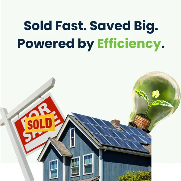 A newly sold home with dark blue siding, solar panels on the roof, a red and white sold sign in the yard, and a green light bulb symbol in the corner.