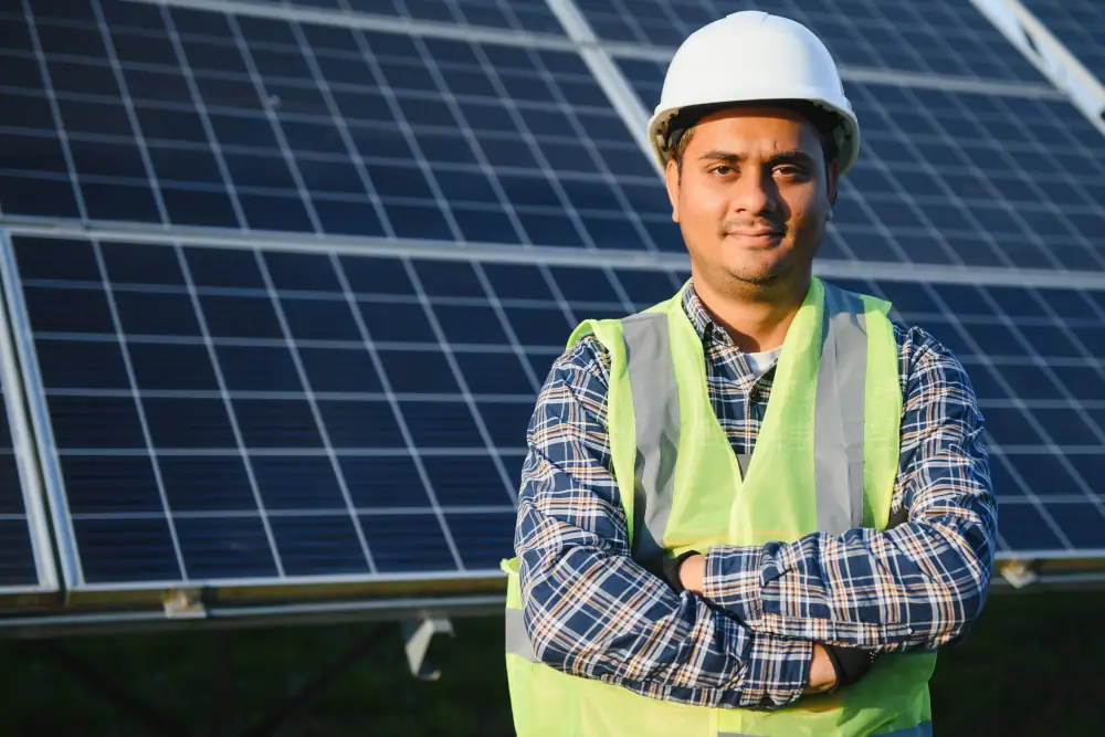 Challenges and Solutions for Energy Advisors In Canada - Technician, male, wearing white hard hat standing near solar panels