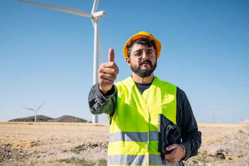Renewable Energy's Impact On Canadian Jobs: Energy Advisors - Renewable energy employee standing in a field with a wind turbine in the background. The engineer is giving the thumbs up signal.