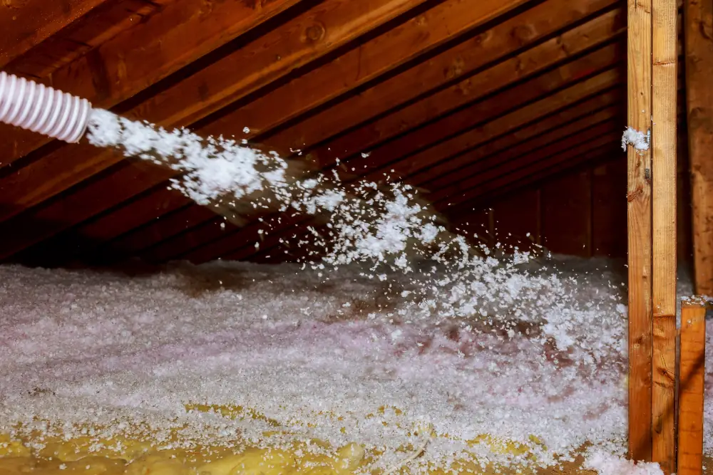 Insulation's Energy-Efficient Benefits For Your Heating System - Worker Spraying mineral rock wool of thermal insulation layer under the roof house attic insulation