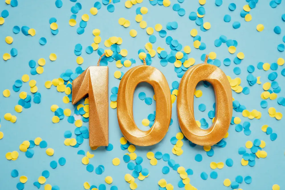 Celebrating Shipton's 100th Anniversary! - The number "100" in gold candle shapes. Yellow and teal confetti on a light blue background.