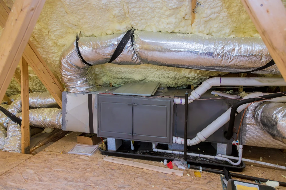 Upgraded furnace installation - Picture of a newly installed furnace in an attic.