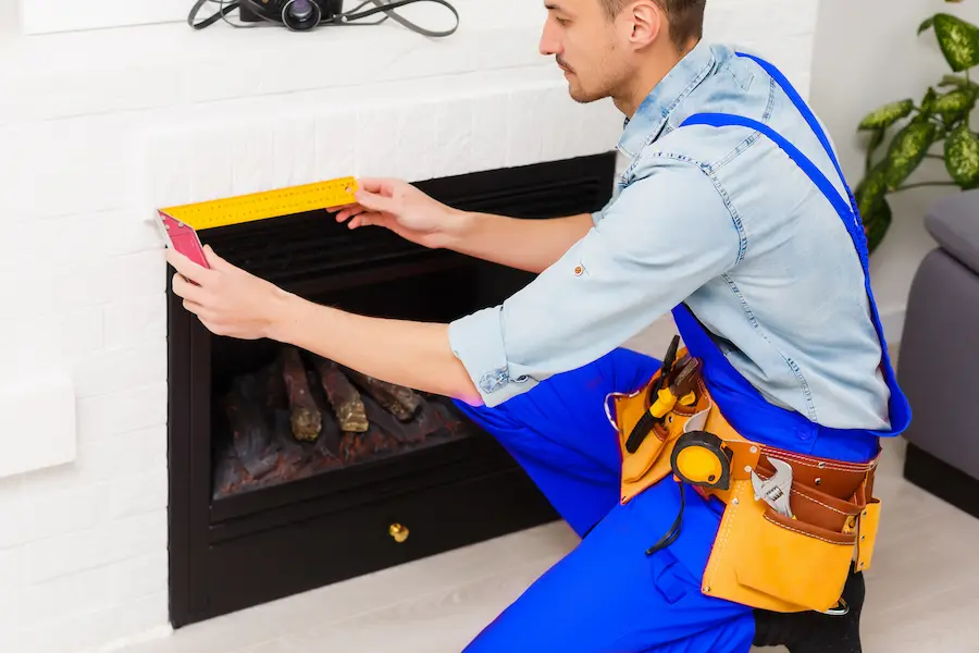 Technician messuring a fireplace