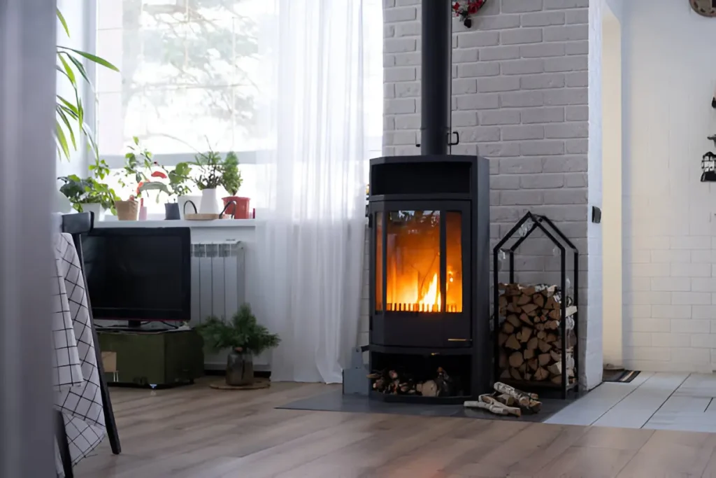 Cozy room with a burning fireplace, a log stack, and potted plants on a window sill with sheer curtains.