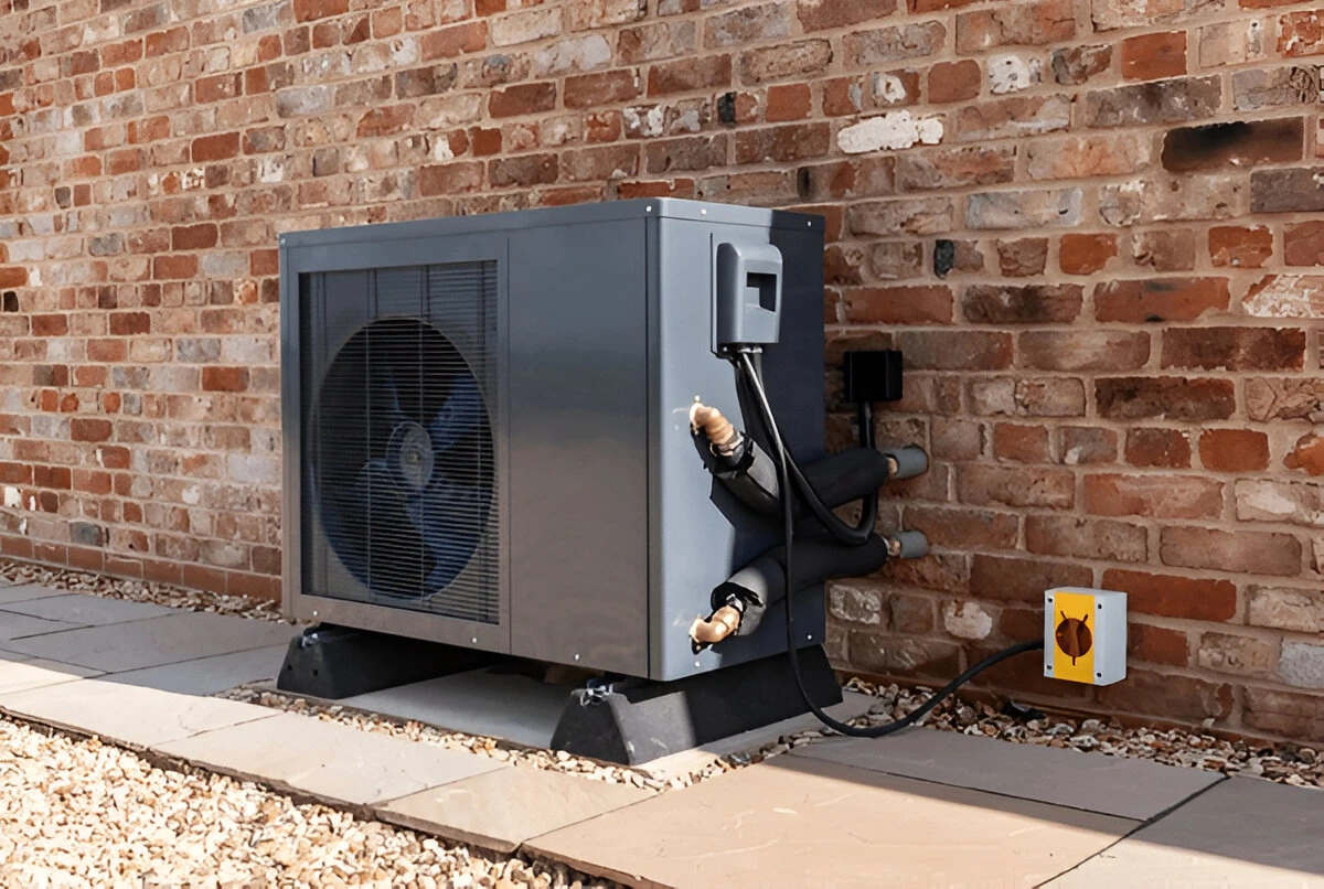 Outdoor heat pump unit installed next to a brick wall on a gravel path.