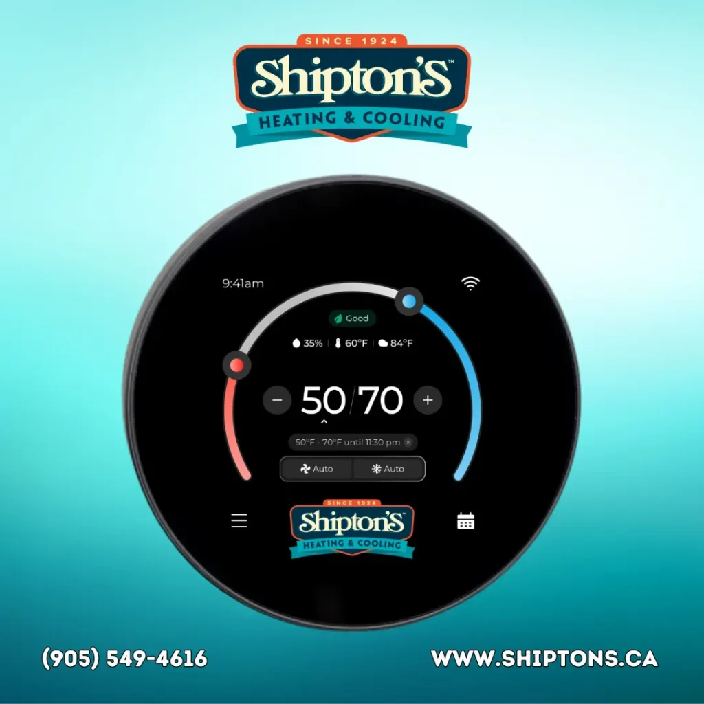 Digital thermostat display with temperature settings and Shipton’s Heating & Cooling logo on a blue gradient background.