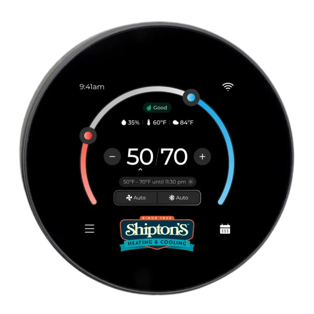 Smart thermostat display with temperature settings, humidity level, and Shipton's Heating & Cooling logo.