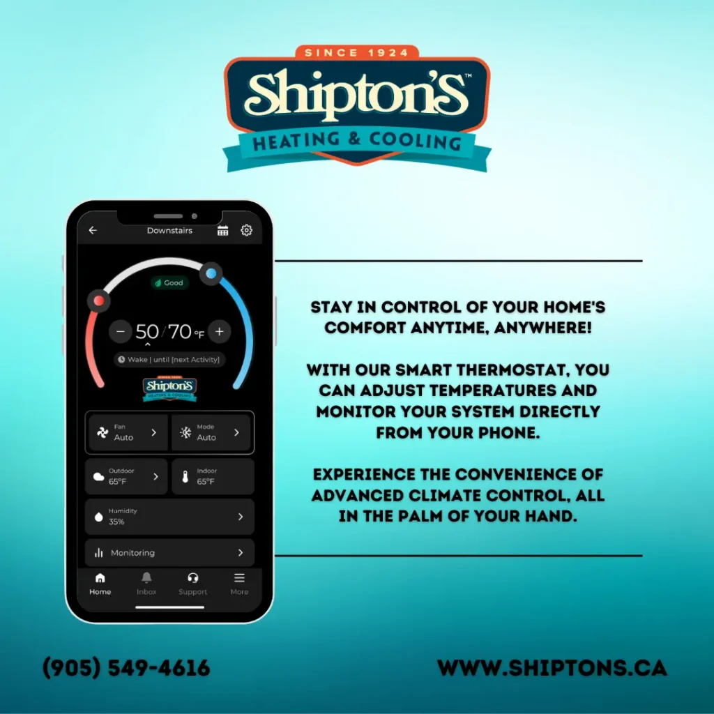Smartphone displaying a smart thermostat app next to text advertising Shipton's Heating & Cooling services.