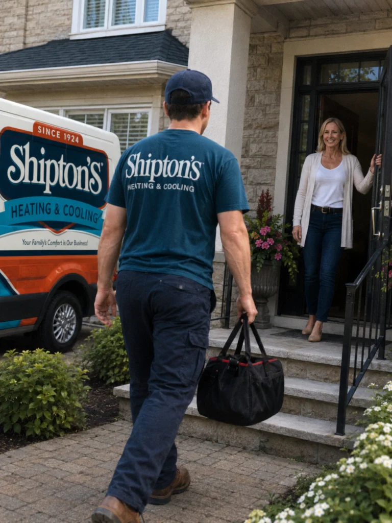 Technician with a toolbag approaching a smiling customer at the front door, Shipton's van parked nearby.