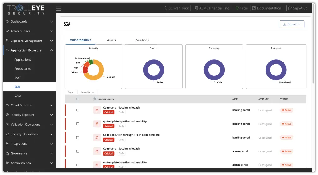 SCA findings in the TrollEye platform