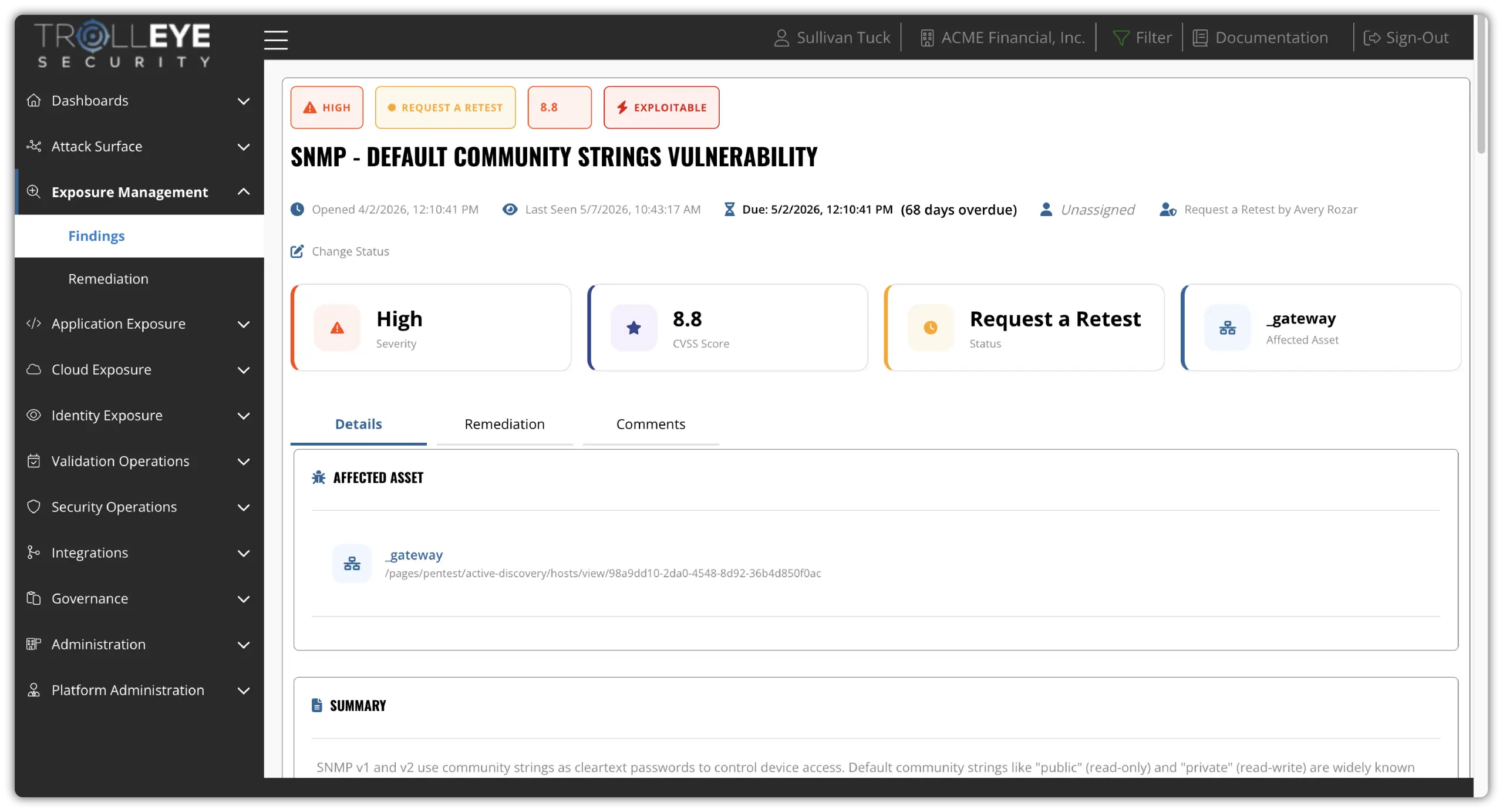TrollEye platform detailed finding view with security exposure information