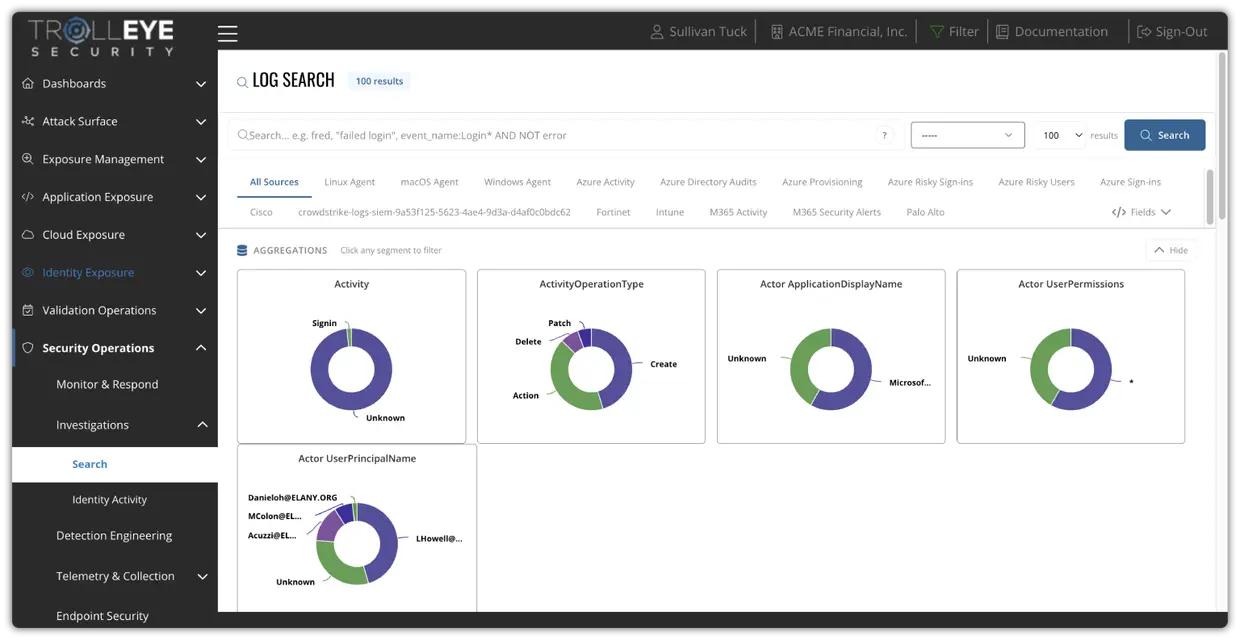 TrollEye platform security operations log search
