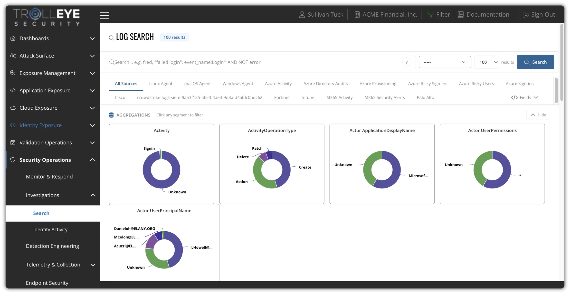 TrollEye security operations log search showing activity across endpoints, identities, and cloud