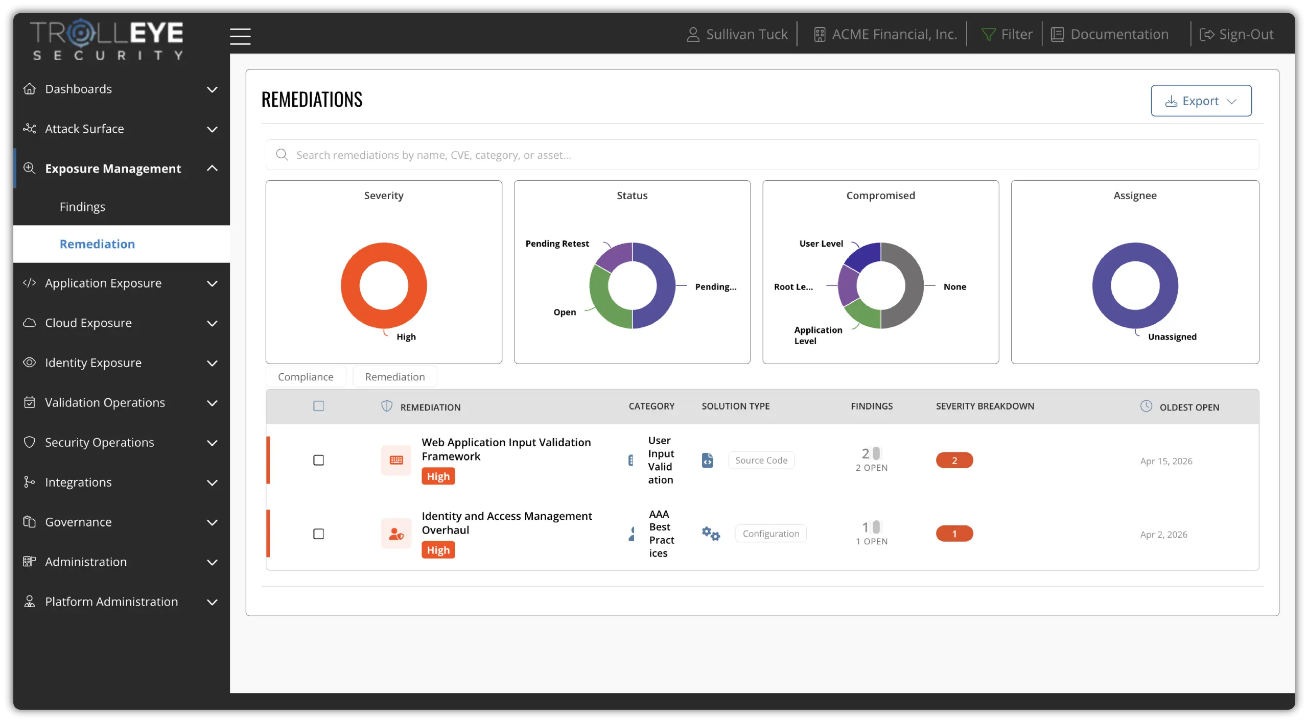TrollEye platform remediations view for coordinating and tracking corrective actions