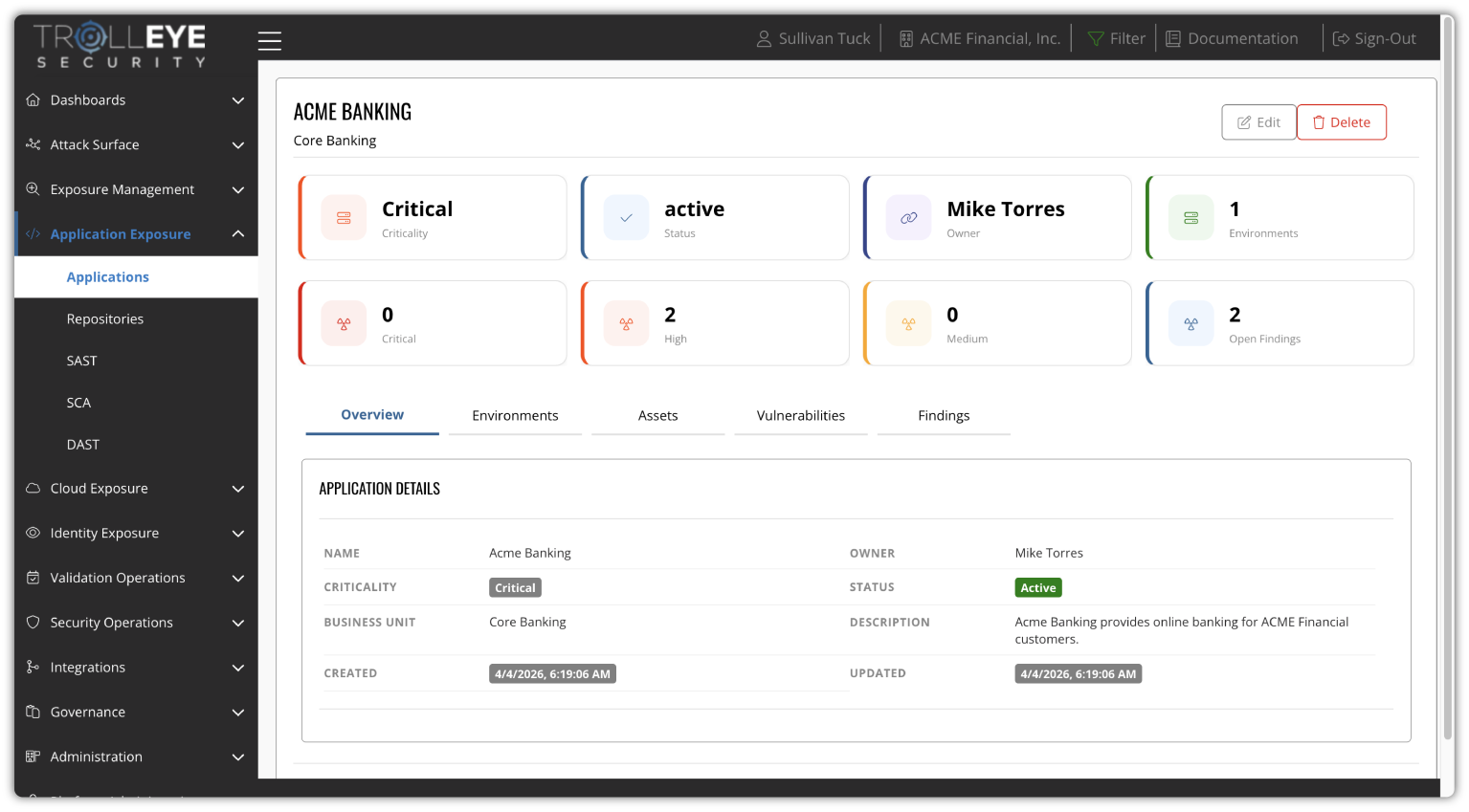 DevSecOps application exposure view in the TrollEye platform