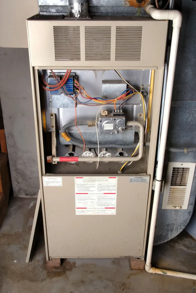 Picture of a furnace, the access panel is open.