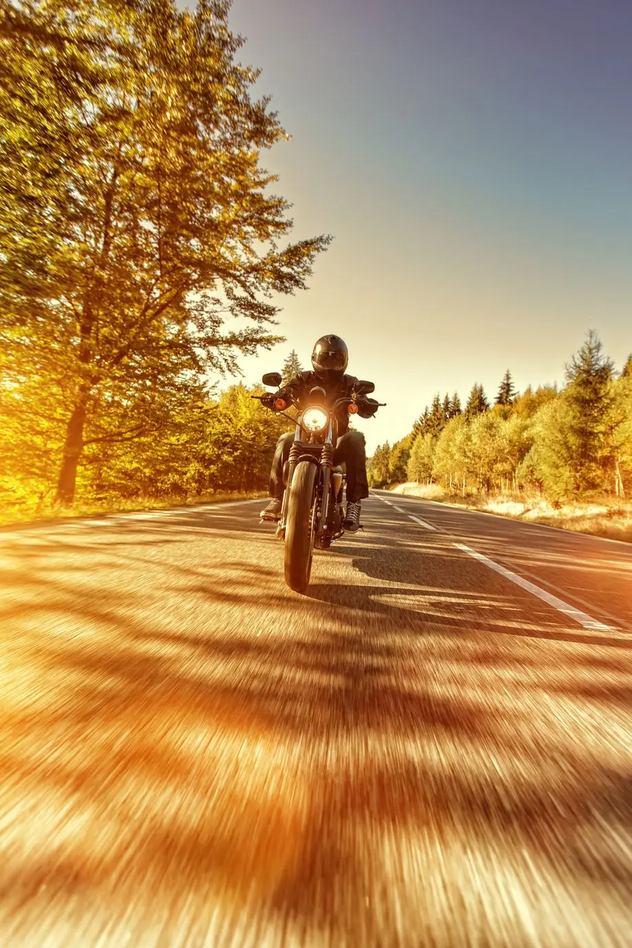 A motorcyclist rides along an open paved highway lined with autumn trees during sunset.