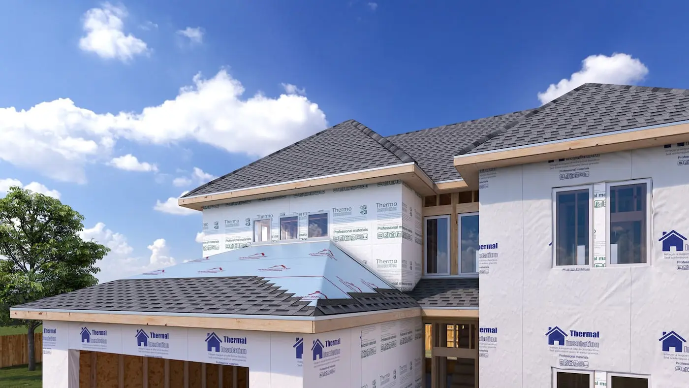 House roofing with asphalt shingles. 