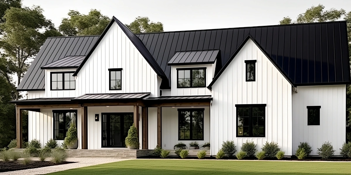 new house with corrugated black metal roof