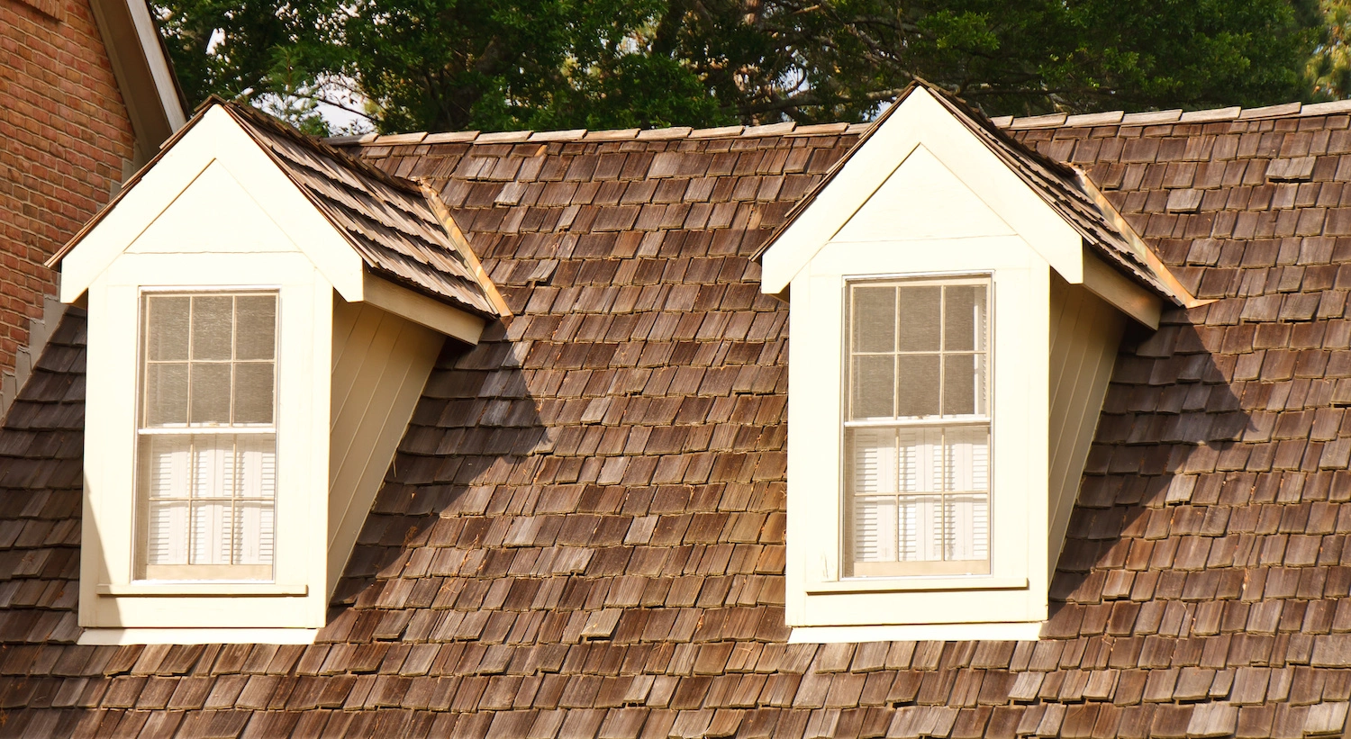 Cedar shake roof with dormers and windows