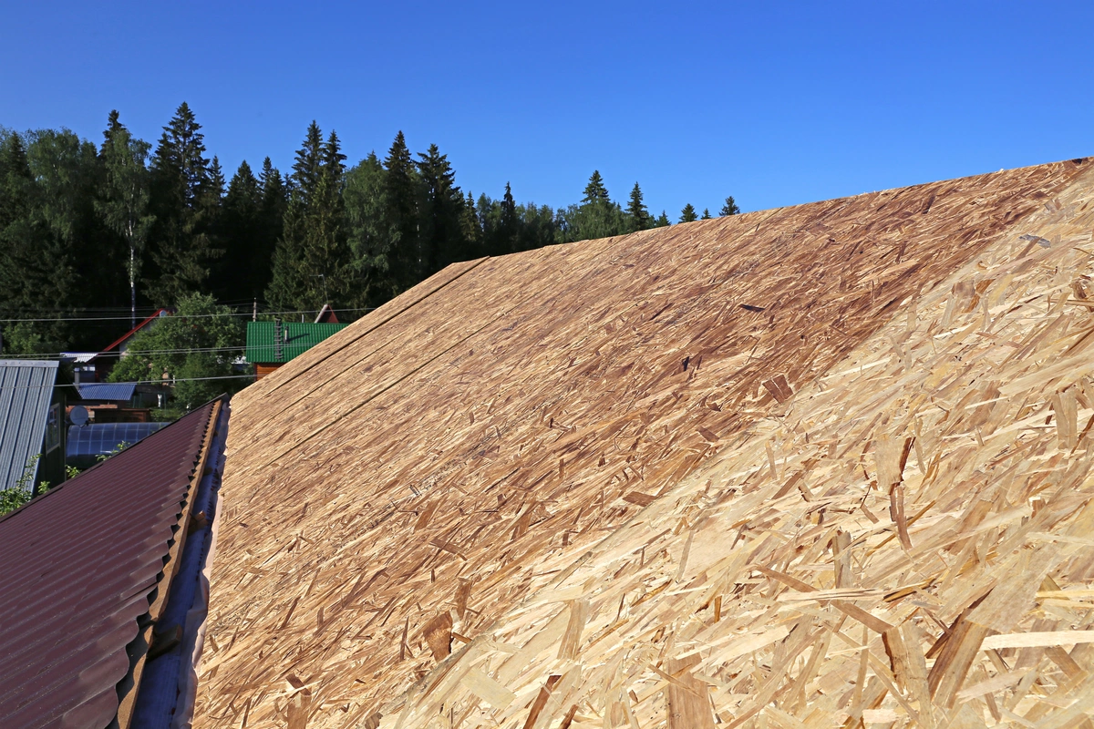 OSB roof sheathing panels installed on rafters