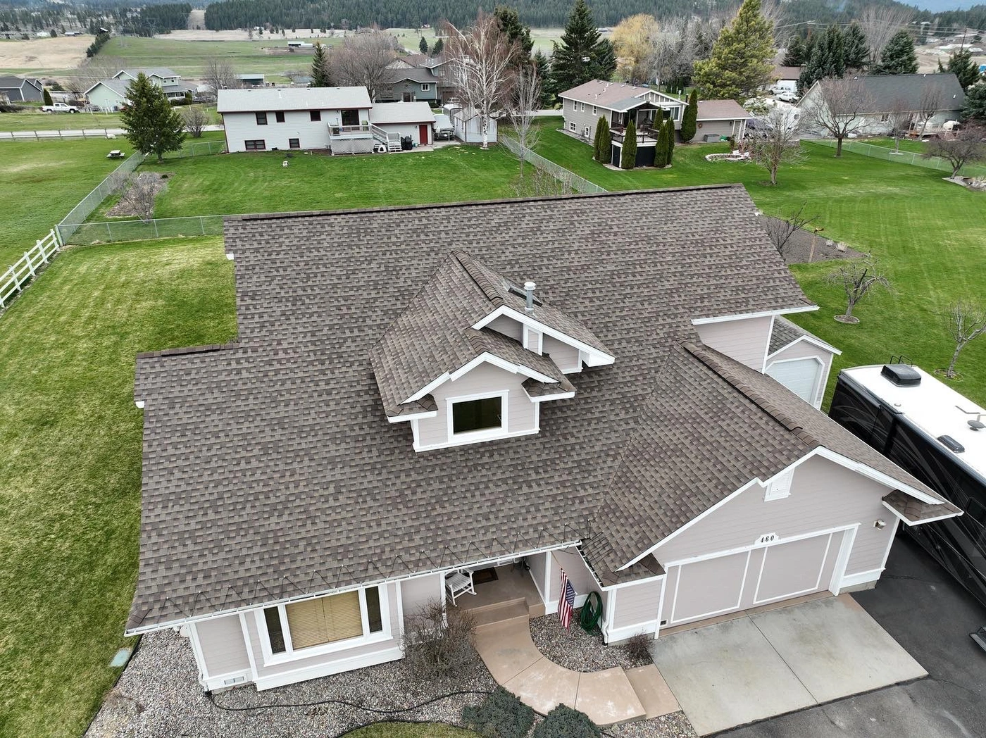 aerial view of new roof installation in kalispell mt