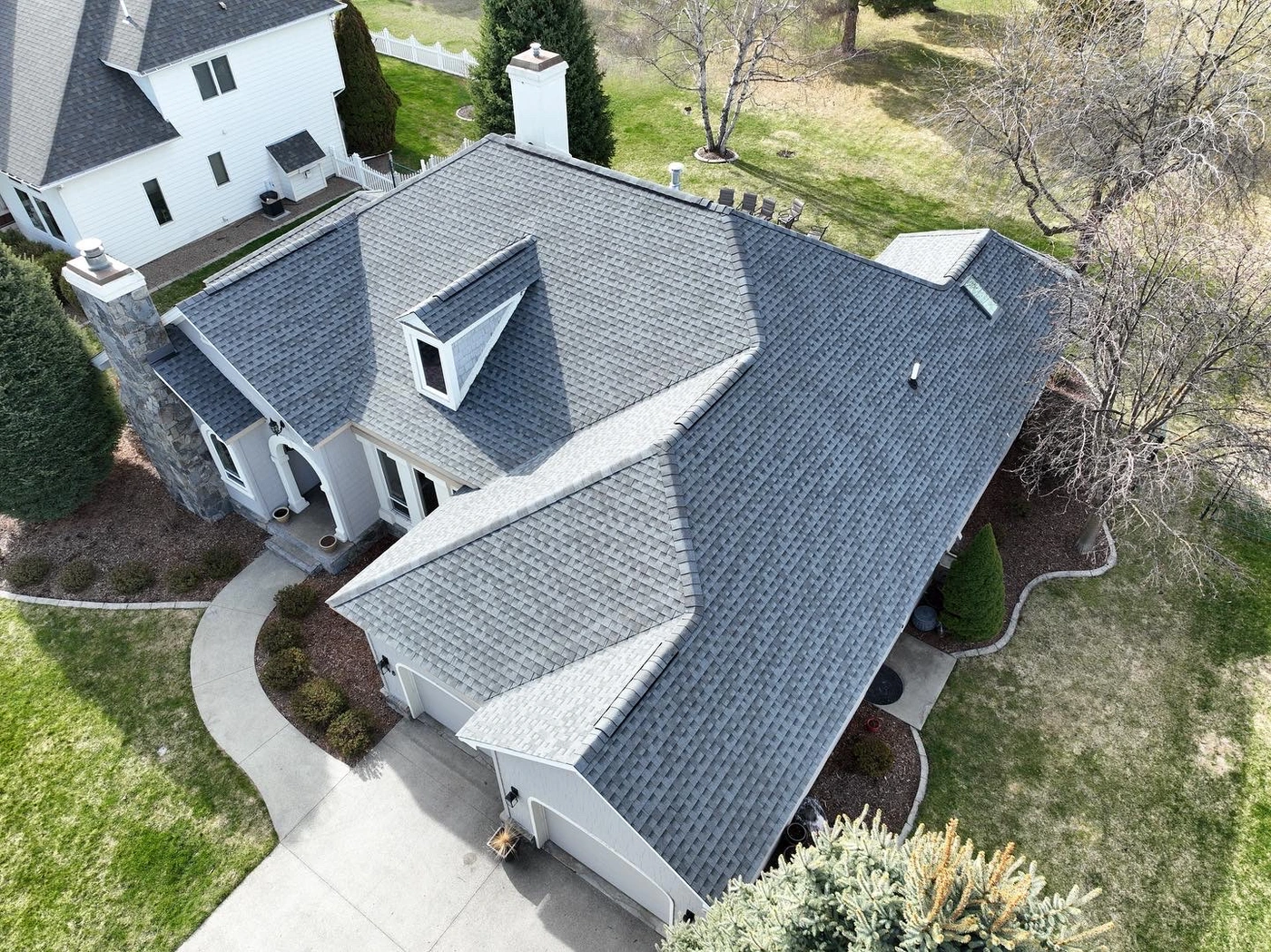 aerial view of new shingle roofing system installed in whitefish mt
