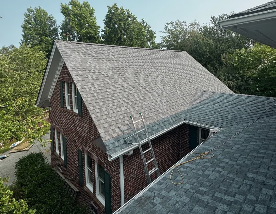 close-up of a grey shingle roof