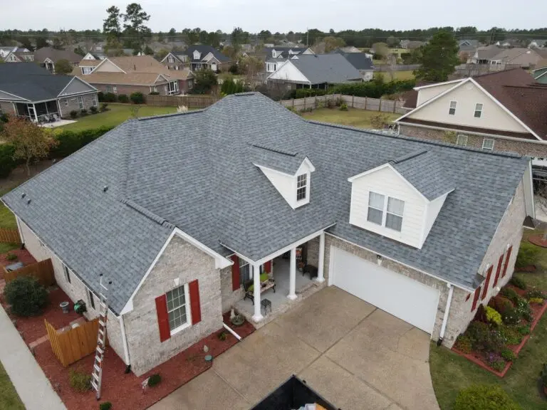 aerial view of a grey shingle roof