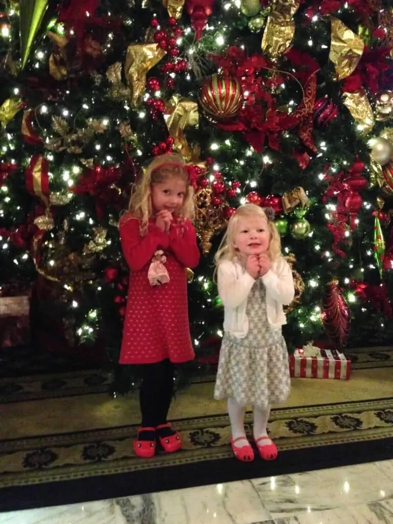 girls in front of a Christmas tree before a Nutcracker performance