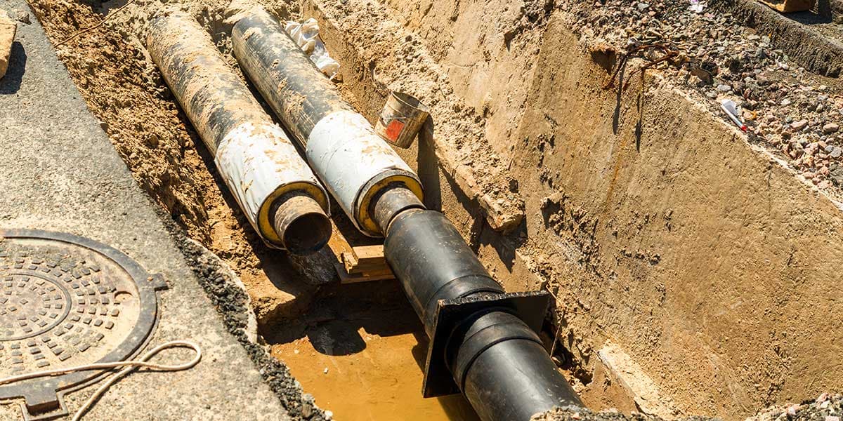 Exposed underground pipes lying in a deep dirt trench during an active residential sewer line repair and excavation project.
