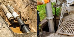 Split view comparing open trench pipe excavation on the left with non-invasive trenchless sewer line insertion on the right.