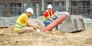 Two construction workers in hard hats and safety vests place a large orange corrugated drainage pipe on a dirt site.
