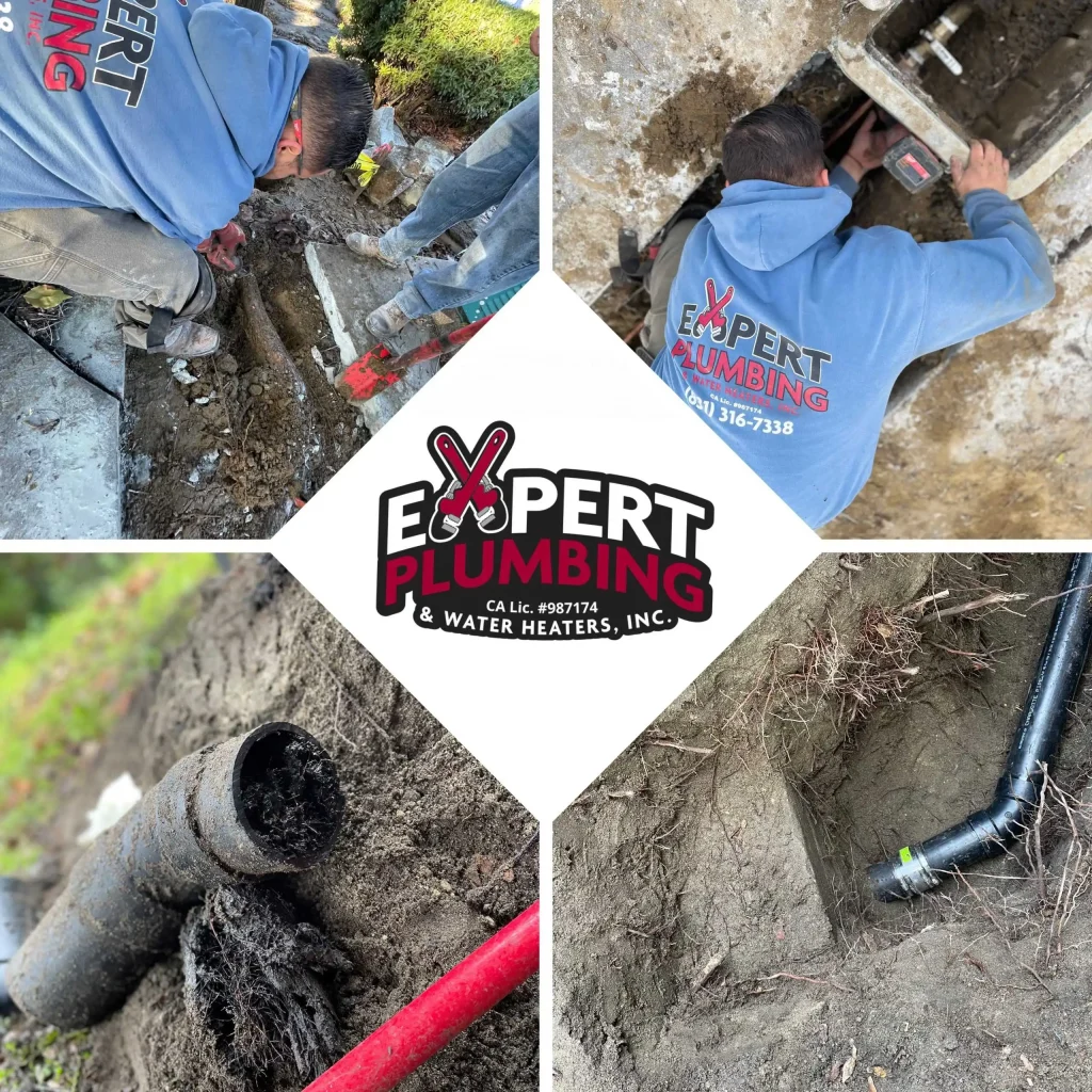 Before and after plumbing repair photos featuring underground drain line excavation and new pipe installation work