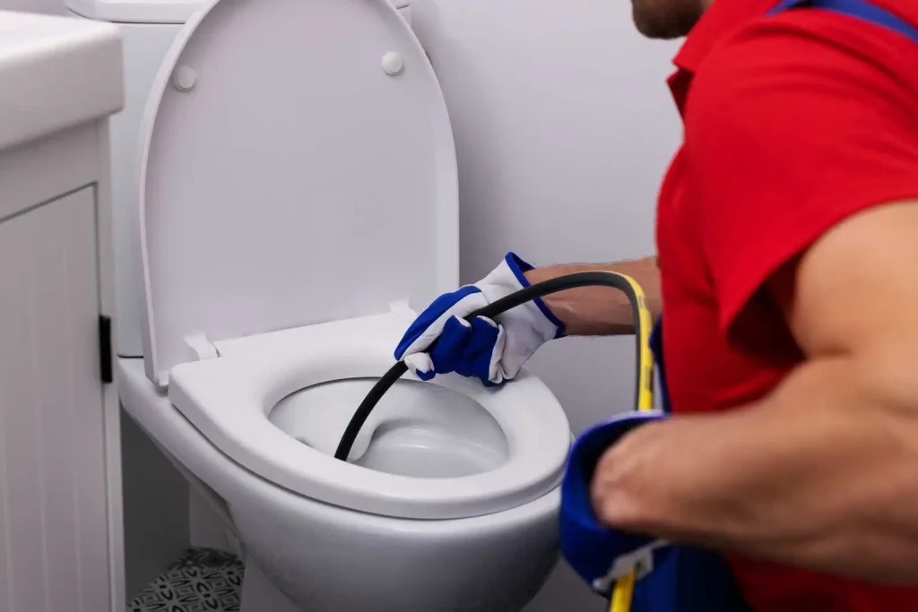 A professional residential plumber repairing a severely clogged toilet during a bathroom service call.
