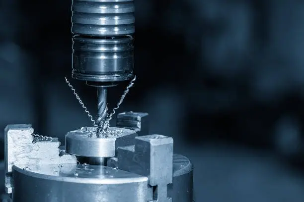 Close up scene the tapping process on CNC milling machine with tapping holder in the light blue scene. The thread cutting concept on machining center.