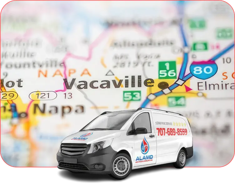 Picture of company van with a map of Vacaville in the background.