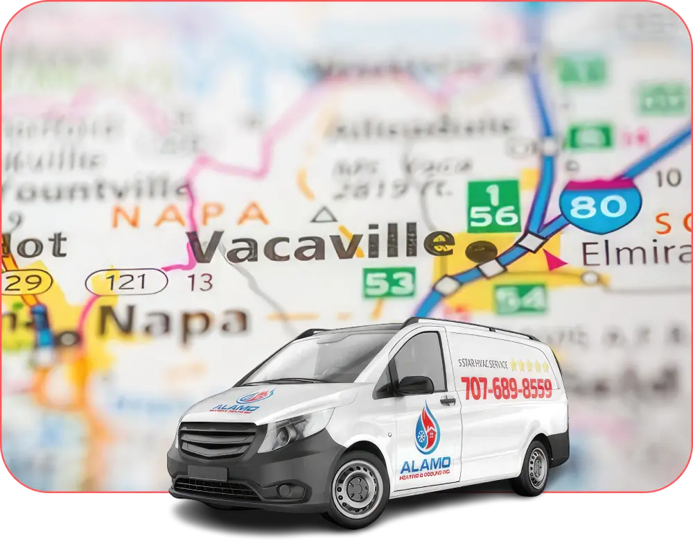 Picture of company van with a map of Vacaville in the background.