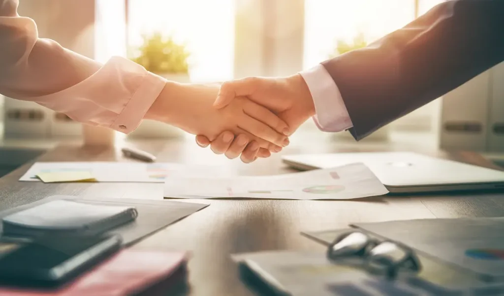 Handshake above a table with different documents