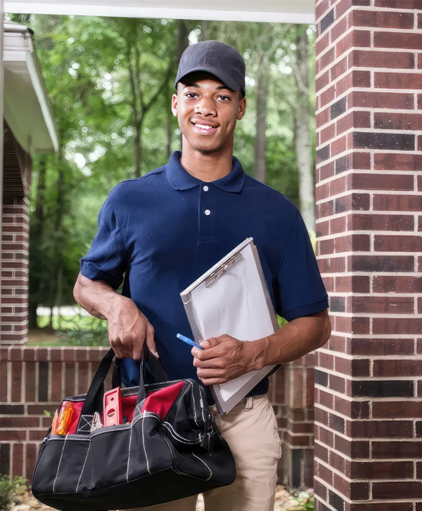 Young HVAC technician holding a tool bag in one arm and a clipboard & pen in the other